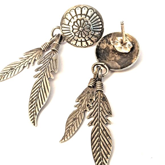 Native American 925 Concho Feather earrings Signed TK (1586) - Picture 2 of 5